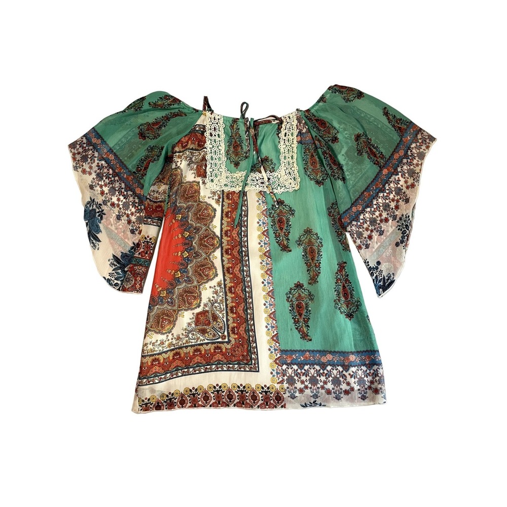 Teeze Me Boho Paisley Scarf Print Peasant Top Crochet Lace Flutter Sleeve XS